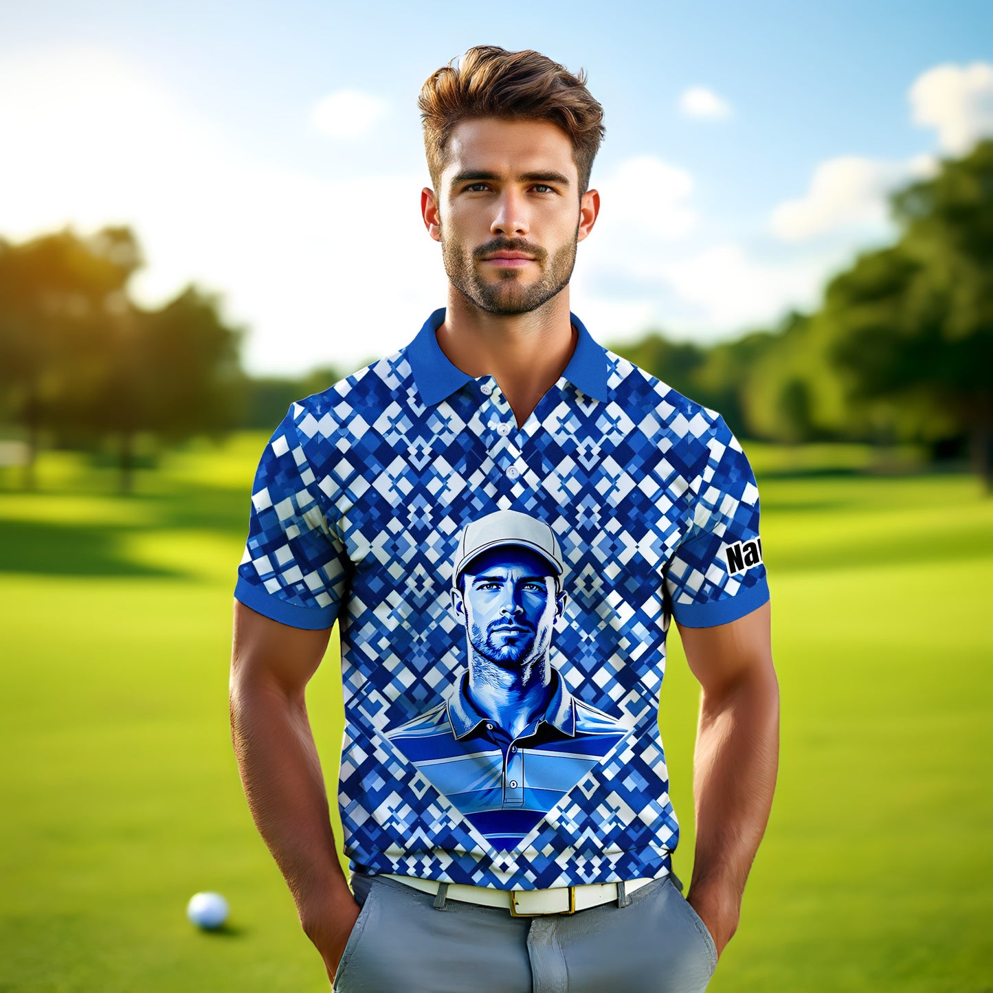 Custom Face Polo Shirt – Geometric Diamond Pattern | Personalized Photo Golf Polo | Unique Gift for Him, Retro Geometric Style Shirt Style 4