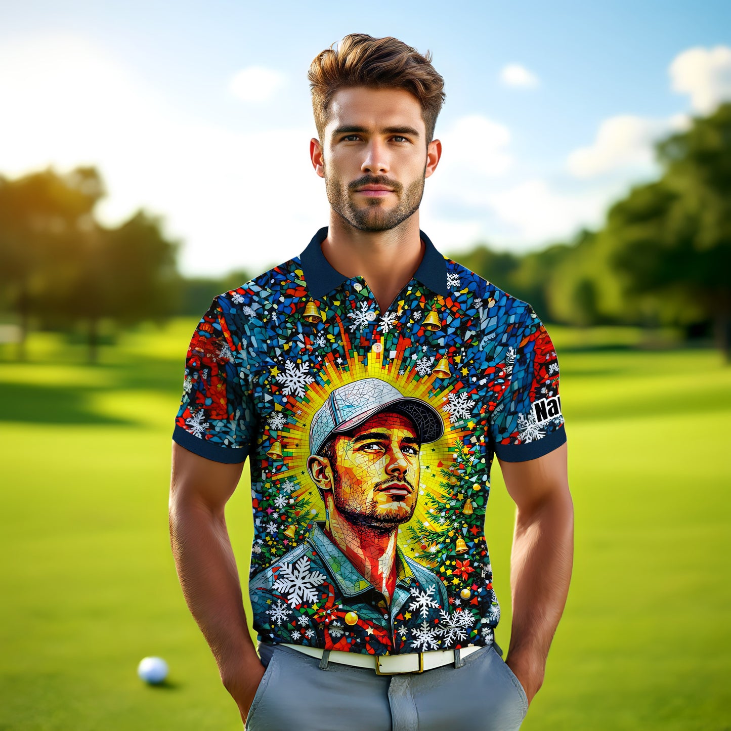Personalized Christmas Golf Polo Shirt with Your Face – Custom Photo Holiday Shirt – Unique Mosaic Art Xmas Gift for Men, Custom Golf Apparel Style 4