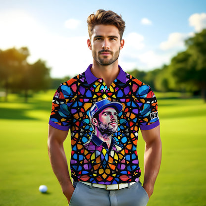 Custom Face Golf Polo Shirt – Personalized Stained Glass Art Shirt, Unique Golf Gift for Him, Colorful Abstract Golf Polo, Custom Sportswear