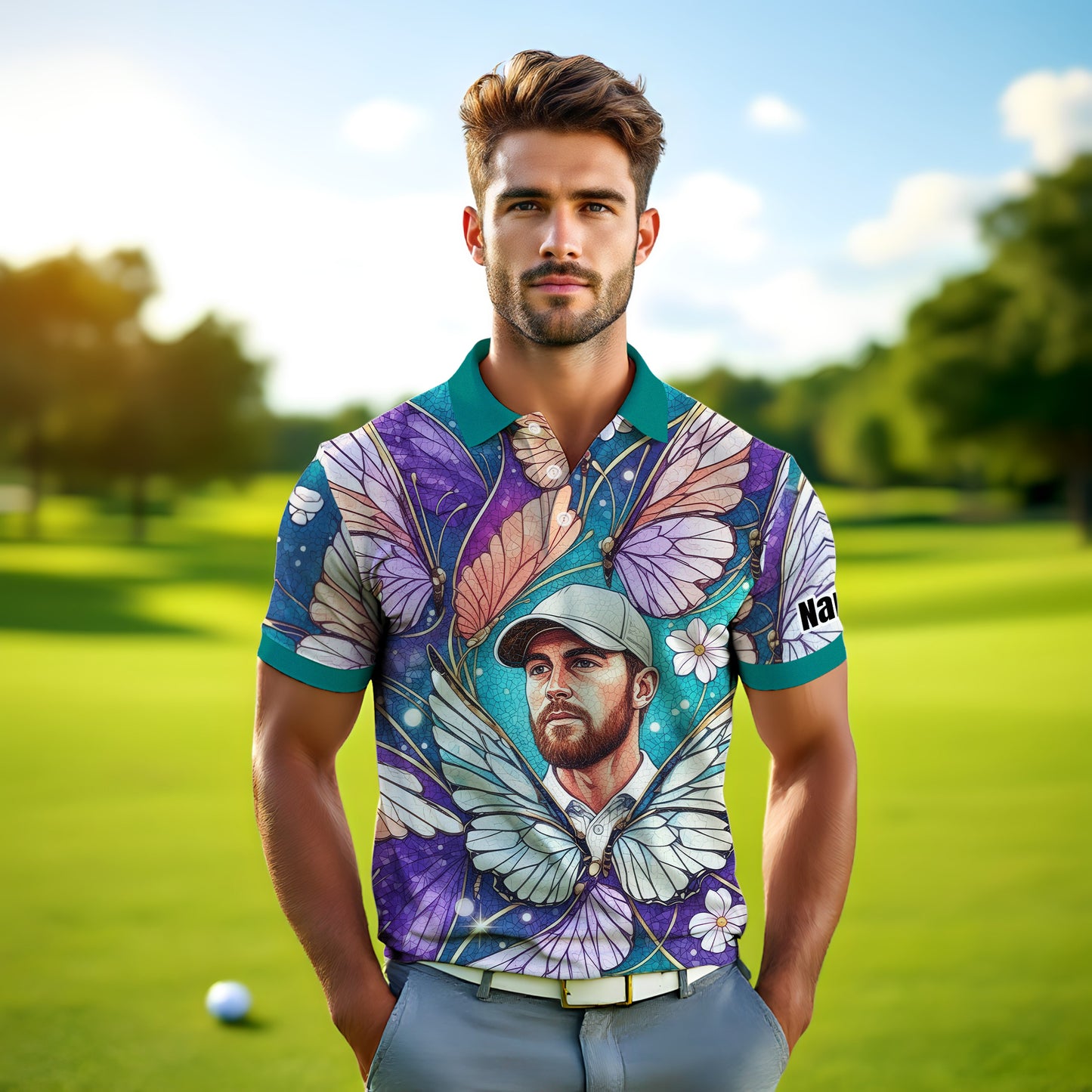 Custom Face Butterfly Golf Polo Shirt – Personalized Spring Mirage Art Style – Unique Gift for Him, Nature Inspired Men's Shirt Style 3