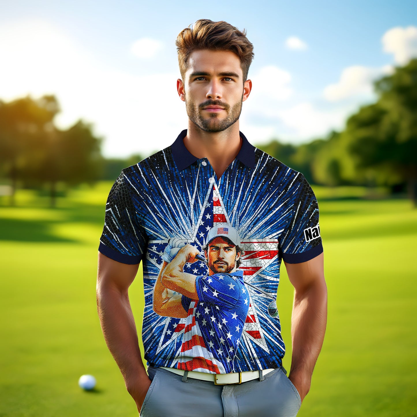 Custom Face Patriotic Golf Polo Shirt – Personalized USA Flag Design – American Pride Gift for Him – Mosaic Art Golf Shirt Style 4