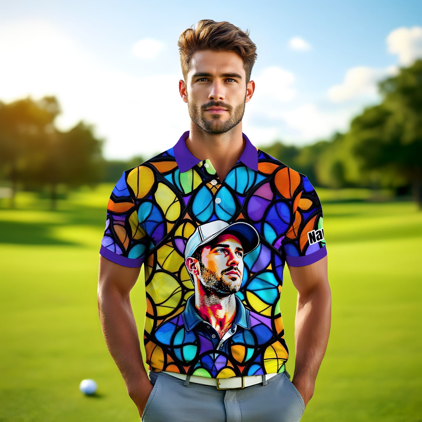 Custom Face Golf Polo Shirt – Personalized Stained Glass Art Shirt, Unique Golf Gift for Him, Colorful Abstract Golf Polo, Custom Sportswear