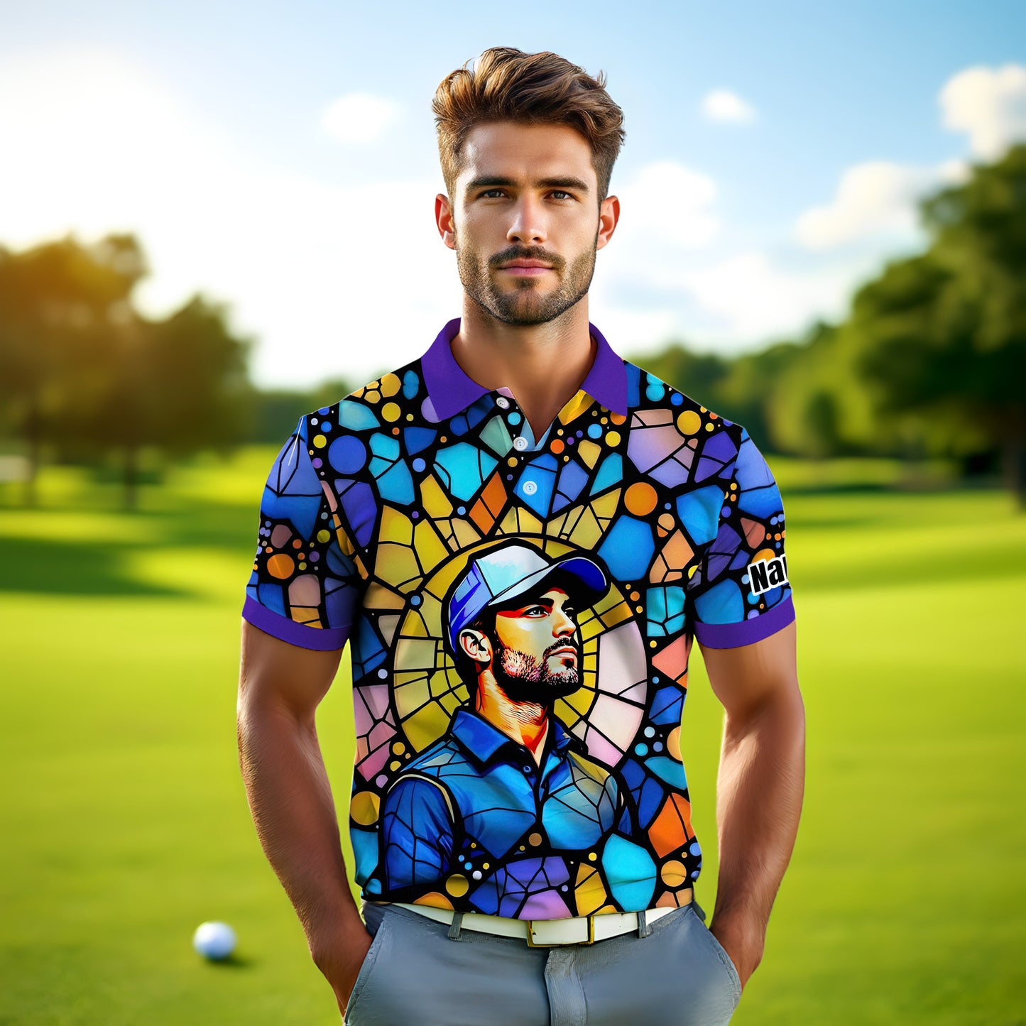 Custom Face Golf Polo Shirt – Personalized Stained Glass Art Shirt, Unique Golf Gift for Him, Colorful Abstract Golf Polo, Custom Sportswear