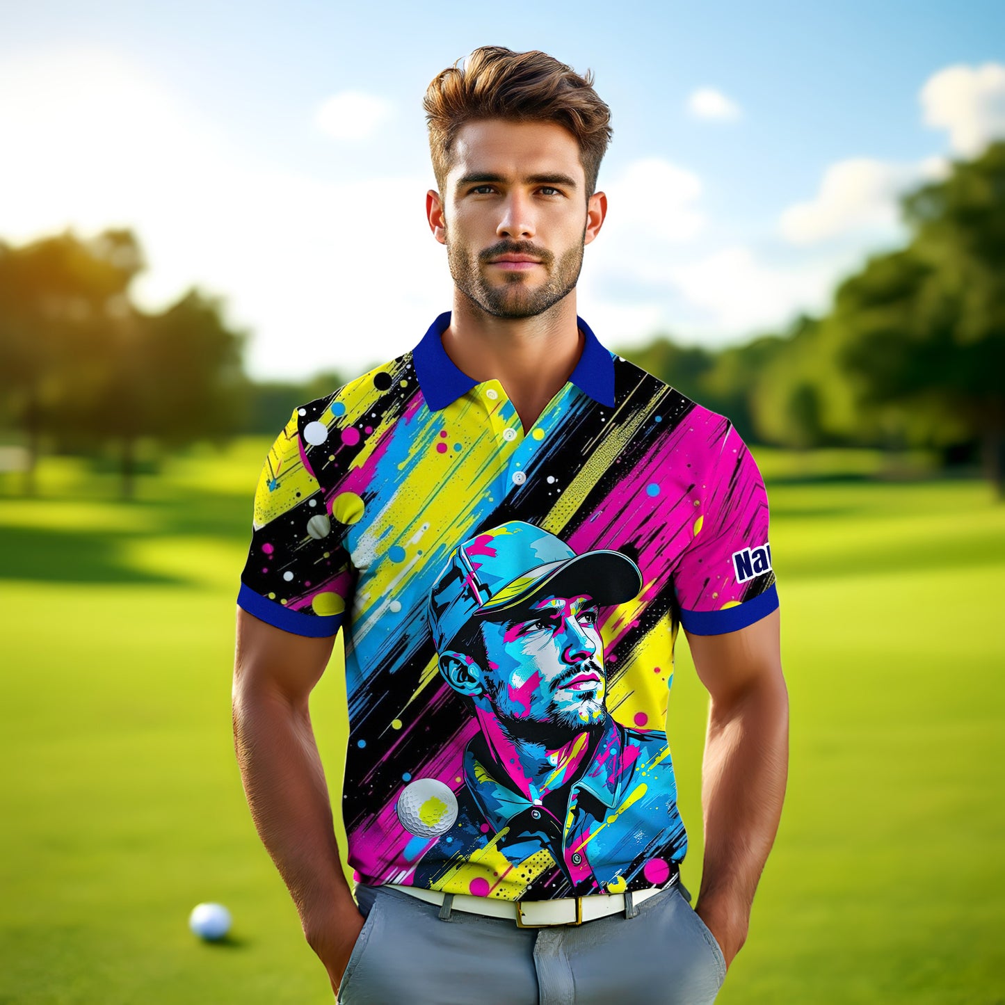 HomyGifts Men's Customized Face Artistic Golf Polo Shirt, Personalized Pop Art Golf Polo, Portrait Gift for Golfers Style 3