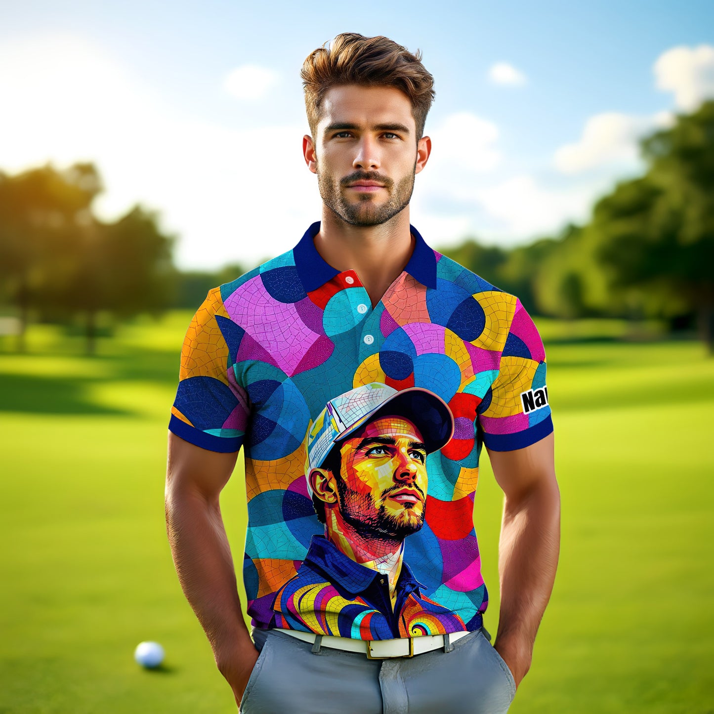 Personalized Mosaic Portrait Polo — Custom Face Mosaic Art Style Shirt Style 17