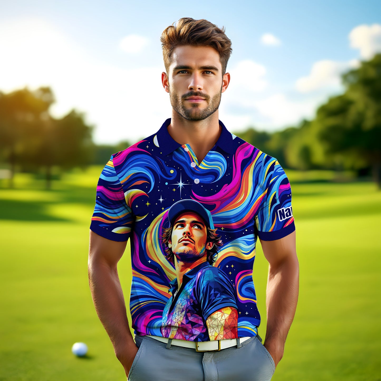 HomyGifts Men's Customized Face Artistic Golf Polo Shirt, Mosaic Art Style, Unique Personalized Golf Polo For Men Style 1