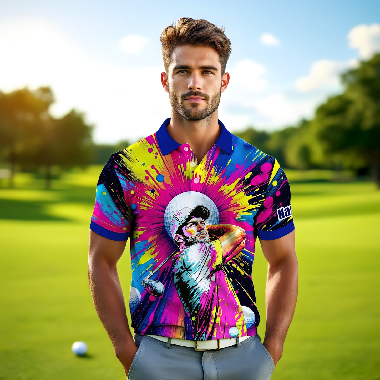 HomyGifts Men's Customized Face Artistic Golf Polo Shirt, Personalized Pop Art Golf Polo, Portrait Gift for Golfers Style 18
