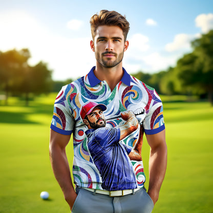 HomyGifts Men's Customized Face Artistic Golf Polo Shirt, Personalized American Flag Design, Unique Gift for Patriotic Golfers Style 12