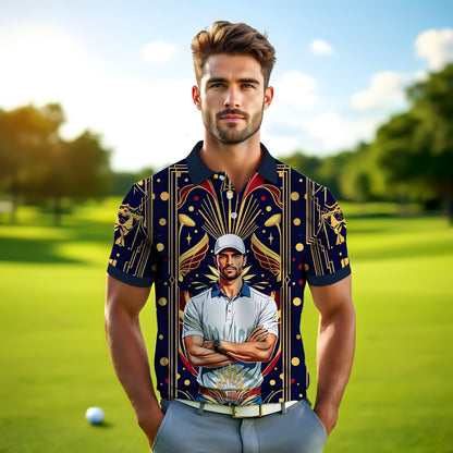 Custom Face Golf Polo Shirt – Swing in Gold Art Deco Revival Style | Personalized Golf Shirt for Men Style 4