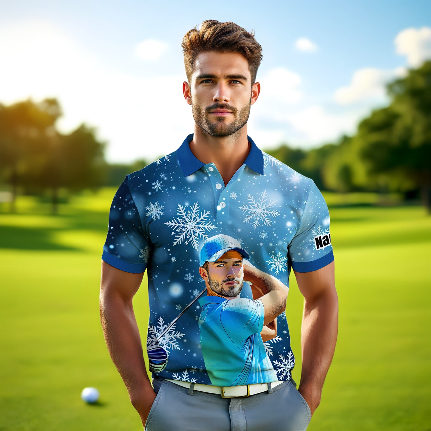 Custom Face Golf Polo Shirt – Personalized Christmas Golf Shirt for Him, Unique Holiday Gift for Golfer, Snowflake Design Golf Apparel Style 1