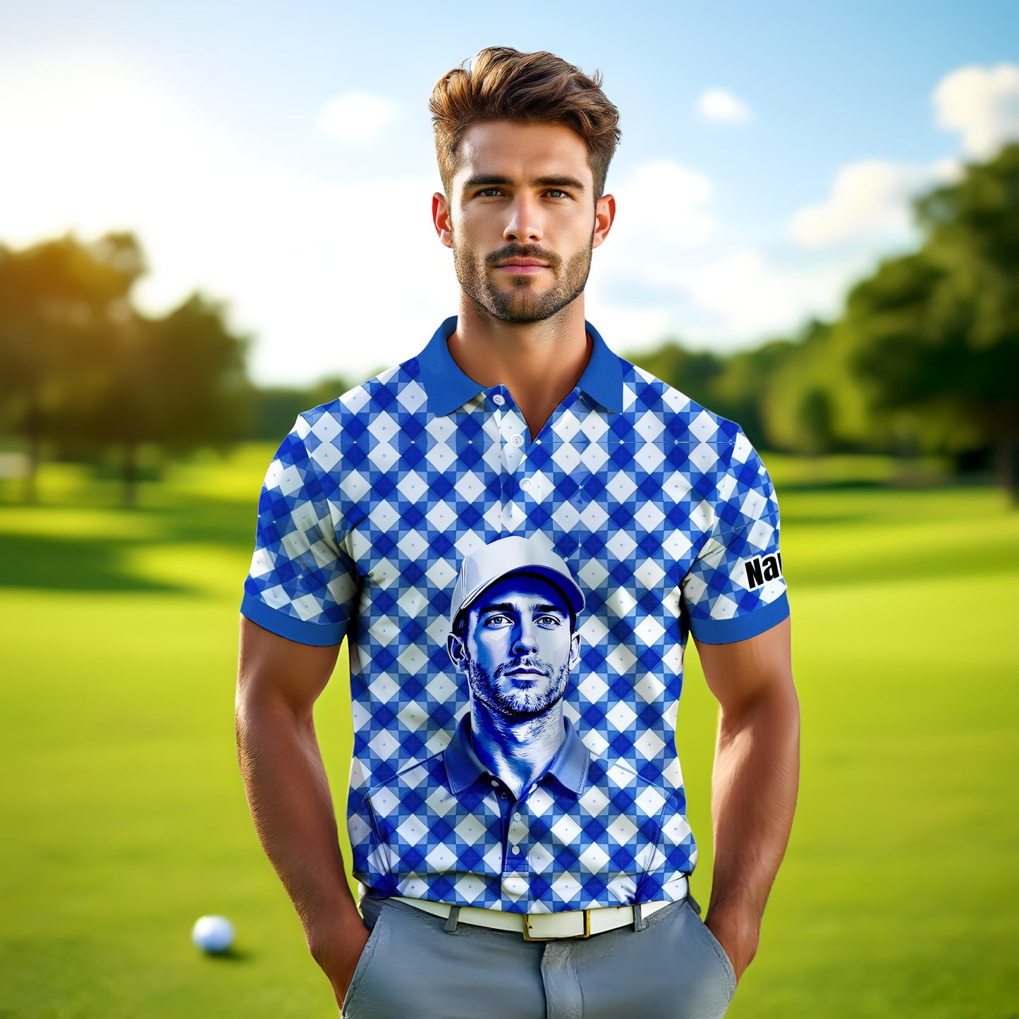 Custom Face Polo Shirt – Geometric Diamond Pattern | Personalized Photo Golf Polo | Unique Gift for Him, Retro Geometric Style Shirt Style 5