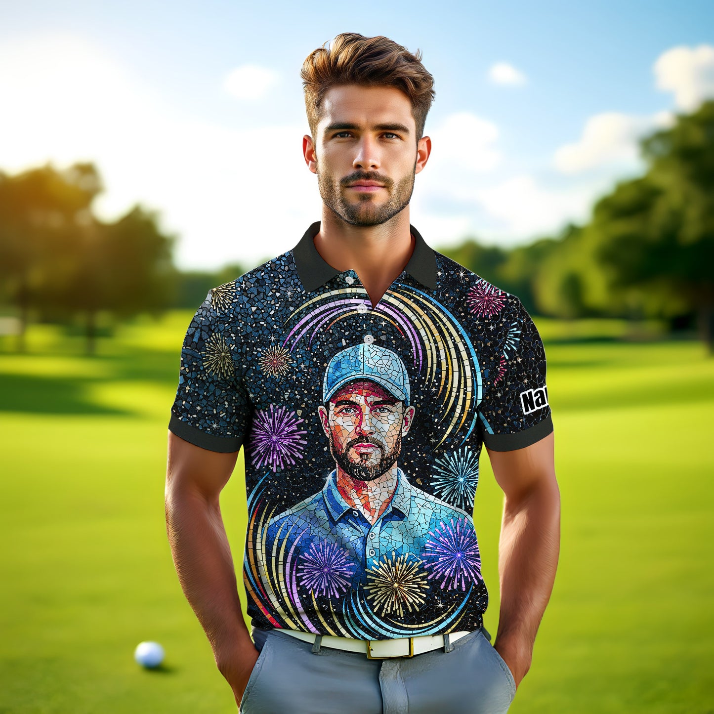 Custom Face Golf Polo Shirt – New Year Fireworks Edition | Personalized Golf Polo | Unique Holiday Gift for Him 2025 Style 8