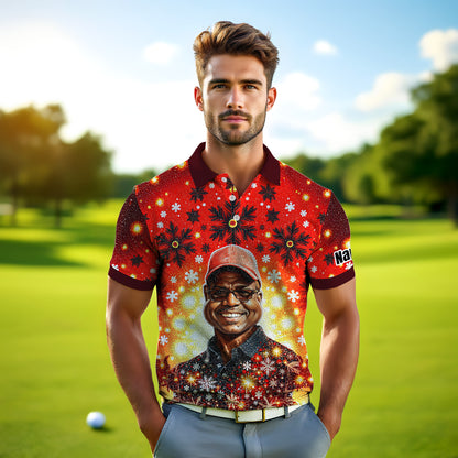 Custom Face Golf Polo Shirt – Personalized Christmas Golf Shirt for Him, Unique Holiday Gift for Golfer, Snowflake Mosaic Art Design Golf Apparel Style 13.1
