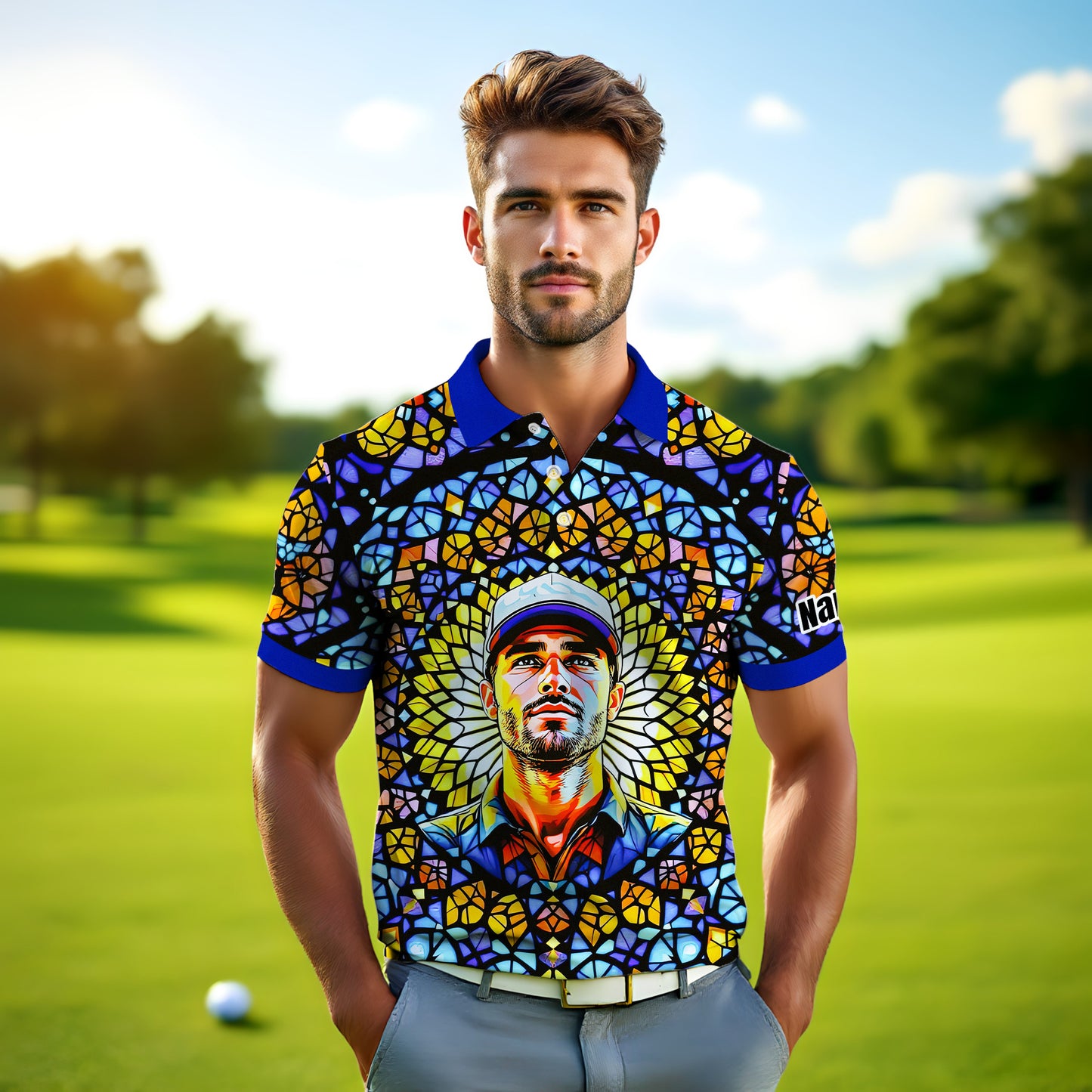 Custom Face Golf Polo Shirt – Personalized Stained Glass Mandala Style Polo, Unique Gift for Men & Women, Vibrant Artistic Golf Shirt, Custom Photo Polo