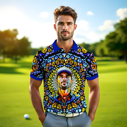 Custom Face Golf Polo Shirt – Personalized Stained Glass Mandala Style Polo, Unique Gift for Men & Women, Vibrant Artistic Golf Shirt, Custom Photo Polo