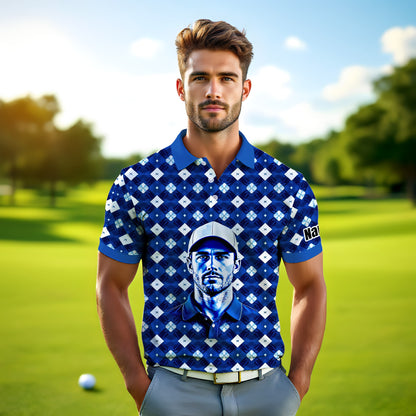 Custom Face Polo Shirt – Geometric Diamond Pattern | Personalized Photo Golf Polo | Unique Gift for Him, Retro Geometric Style Shirt Style 7