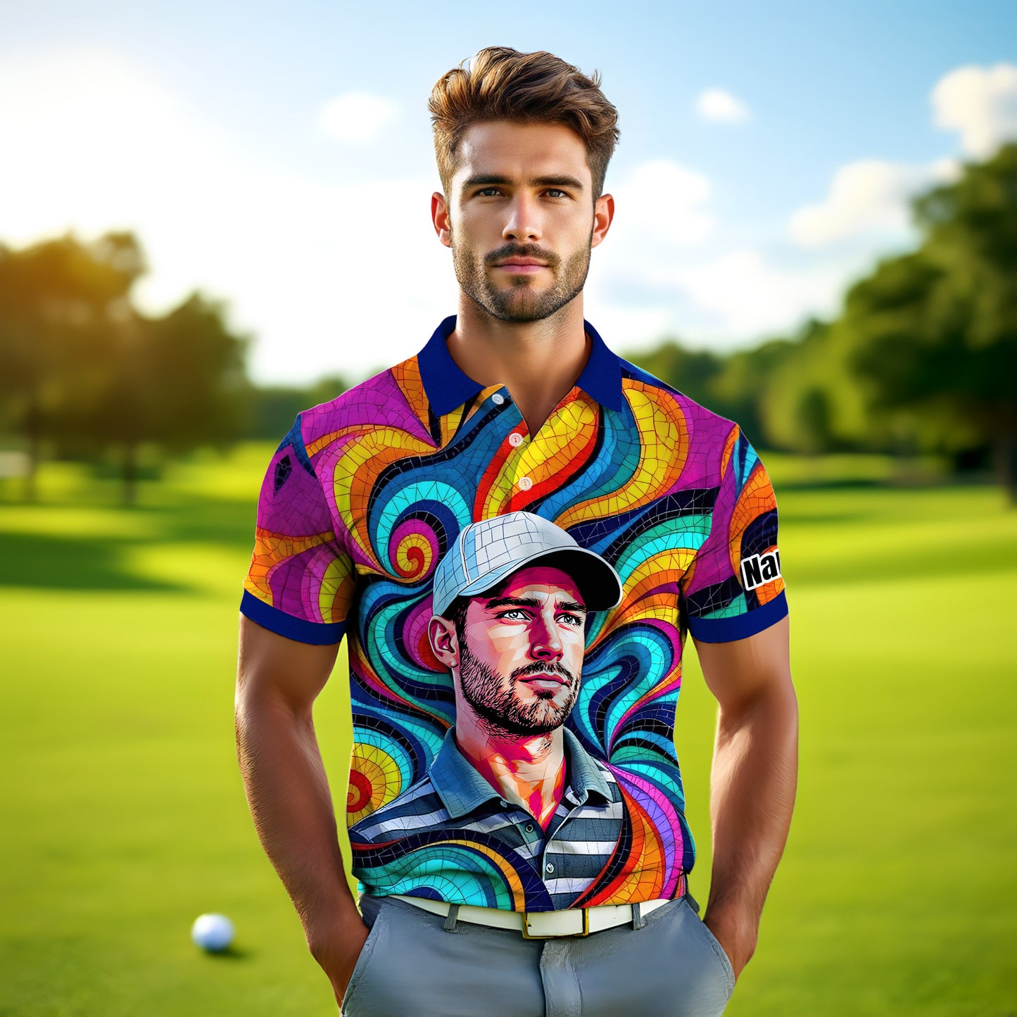 Personalized Mosaic Portrait Polo — Custom Face Mosaic Art Style Shirt Style 3