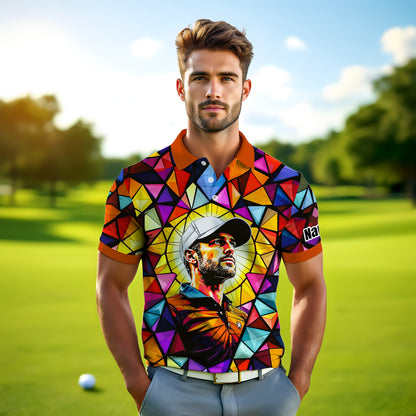 HomyGifts Men's Customized Face Artistic Golf Polo Shirt, Angular Geometric Glass Pattern, Stained-Glass Mosaic Print, Personalized Sublimation Golf Shirt, Vibrant Geometric Portrait Tee
