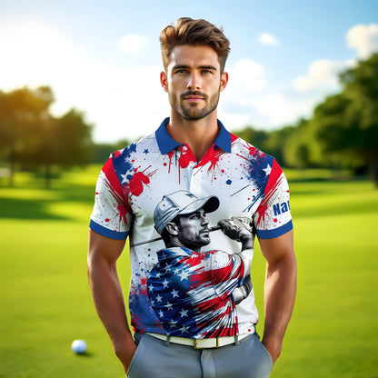 HomyGifts Men's Customized Face Artistic Golf Polo Shirt, Personalized American Flag Design, Unique Gift for Patriotic Golfers Style 18