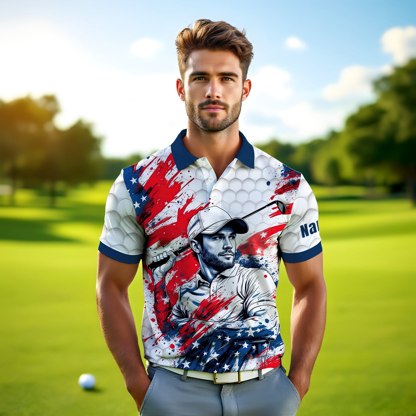 HomyGifts Men's Customized Face Artistic Golf Polo Shirt, Personalized American Flag Design, Unique Gift for Patriotic Golfers Style 26