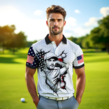 HomyGifts Men's Customized Face Artistic Golf Polo Shirt, Personalized American Flag Design, Unique Gift for Patriotic Golfers Style 12