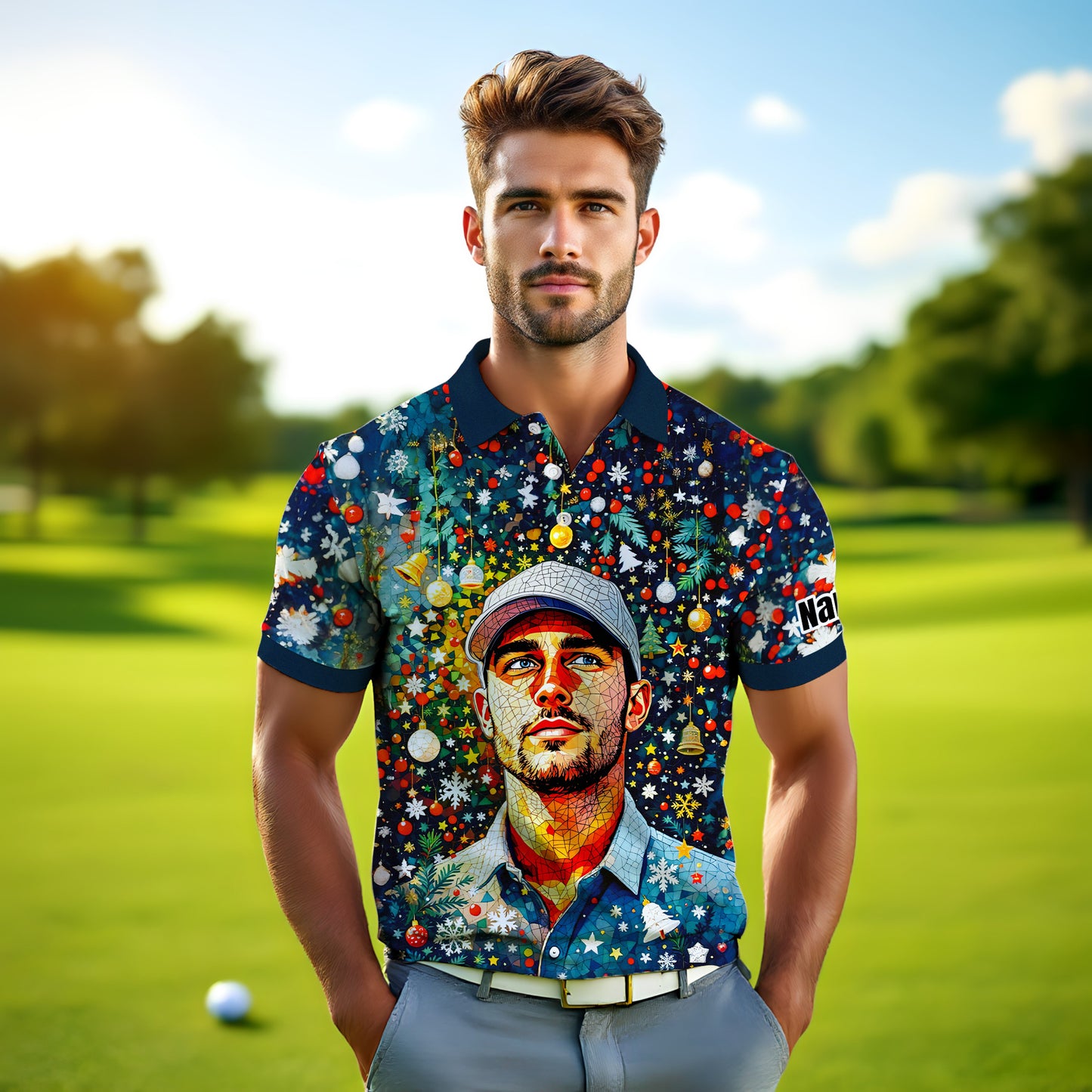 Personalized Christmas Golf Polo Shirt with Your Face – Custom Photo Holiday Shirt – Unique Mosaic Art Xmas Gift for Men, Custom Golf Apparel Style 5