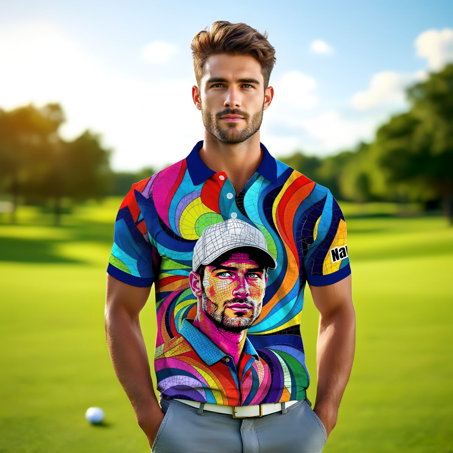 Personalized Mosaic Portrait Polo — Custom Face Mosaic Art Style Shirt Style 15