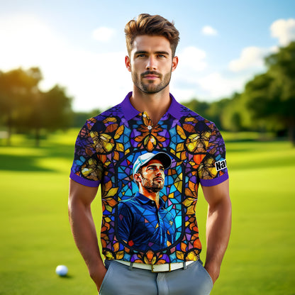 Custom Face Golf Polo Shirt – Personalized Stained Glass Art Shirt, Unique Golf Gift for Him, Colorful Abstract Golf Polo, Custom Sportswear