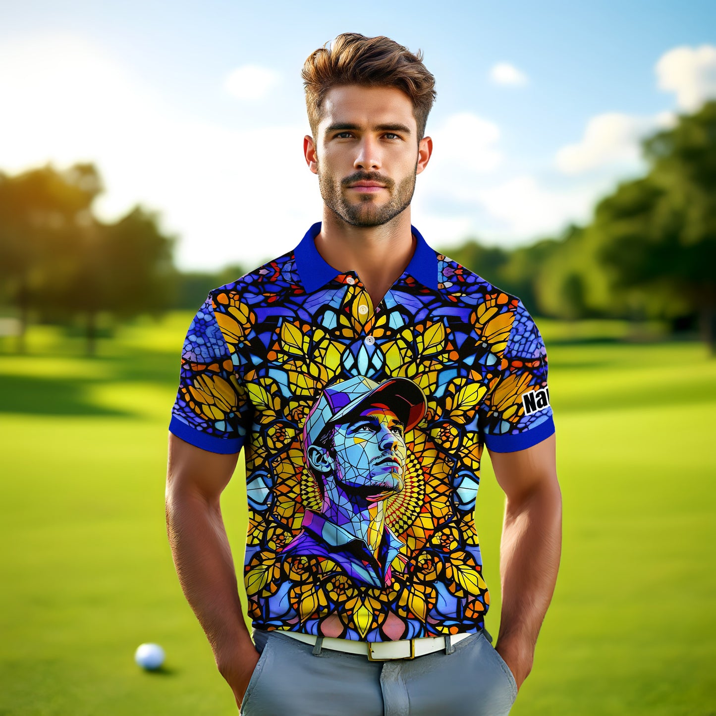 Custom Face Golf Polo Shirt – Personalized Stained Glass Mandala Style Polo, Unique Gift for Men & Women, Vibrant Artistic Golf Shirt, Custom Photo Polo