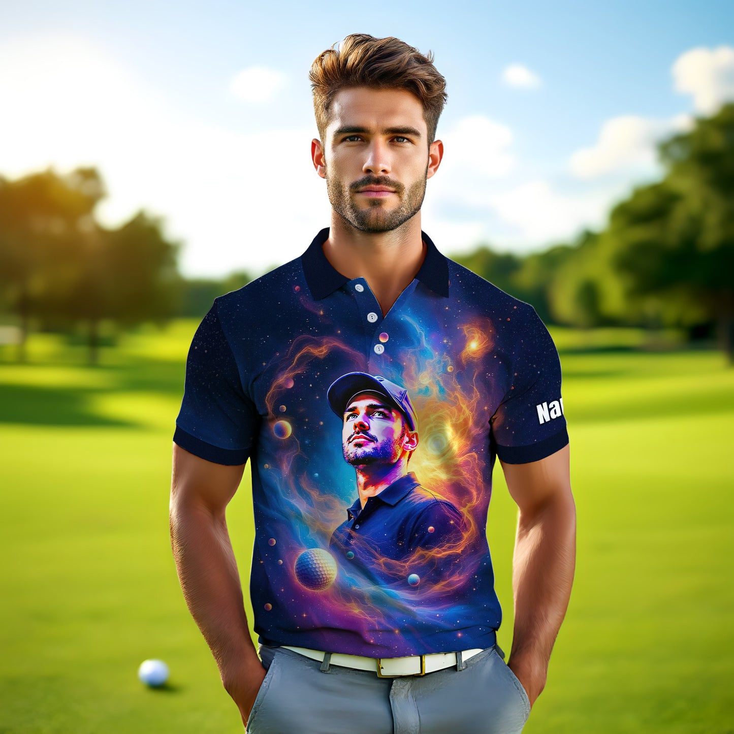 Custom Cosmic Portrait Polo Shirt – Personalized Surreal Galaxy Art with Your Face | Unique Gift for Golfers, Sports & Astrology Fans Style 5