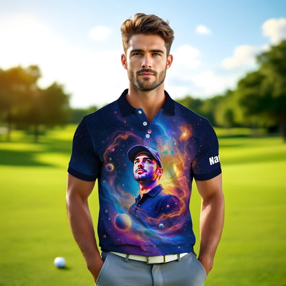 Custom Cosmic Portrait Polo Shirt – Personalized Surreal Galaxy Art with Your Face | Unique Gift for Golfers, Sports & Astrology Fans Style 5