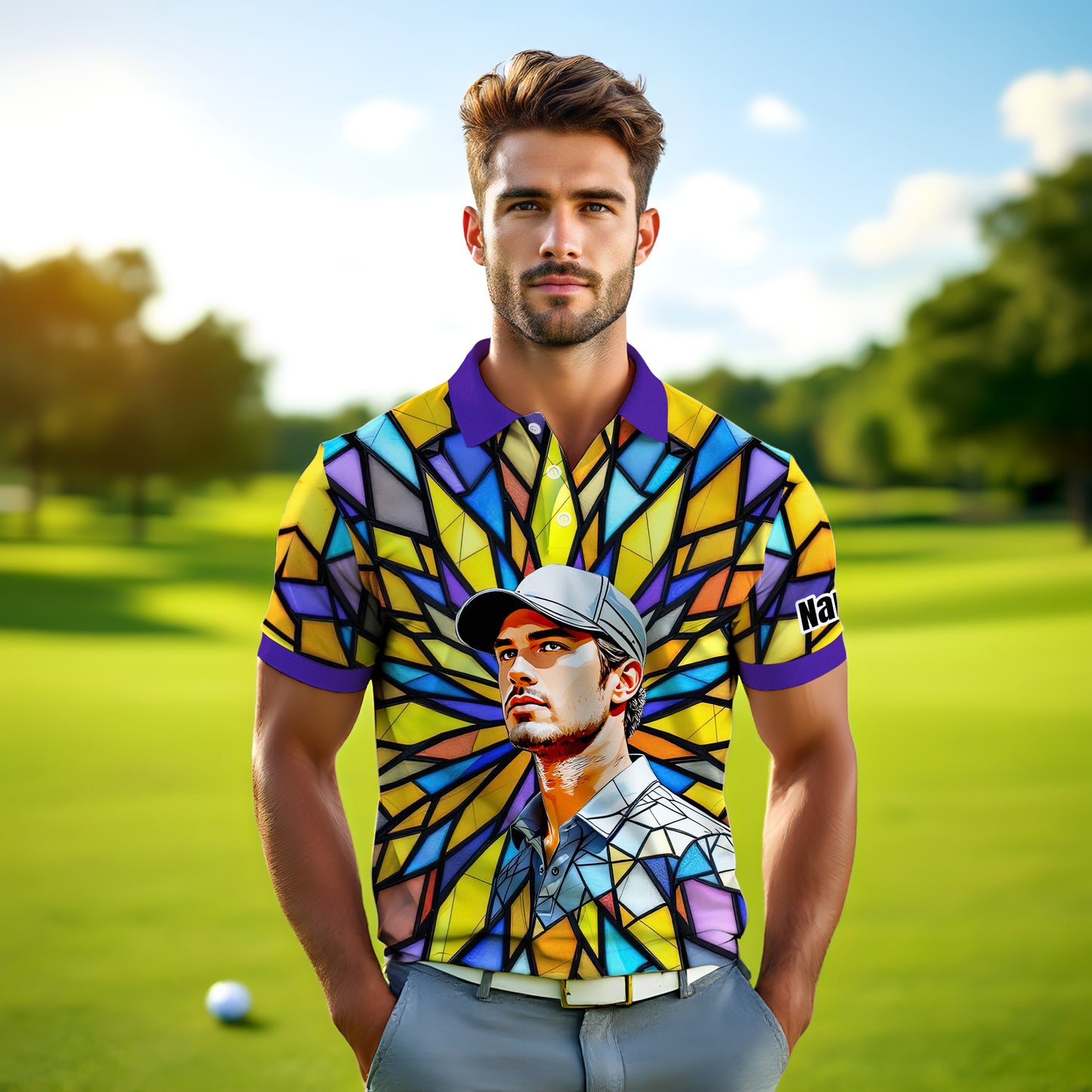 Custom Face Golf Polo Shirt – Personalized Stained Glass Art Shirt, Unique Golf Gift for Him, Colorful Abstract Golf Polo, Custom Sportswear