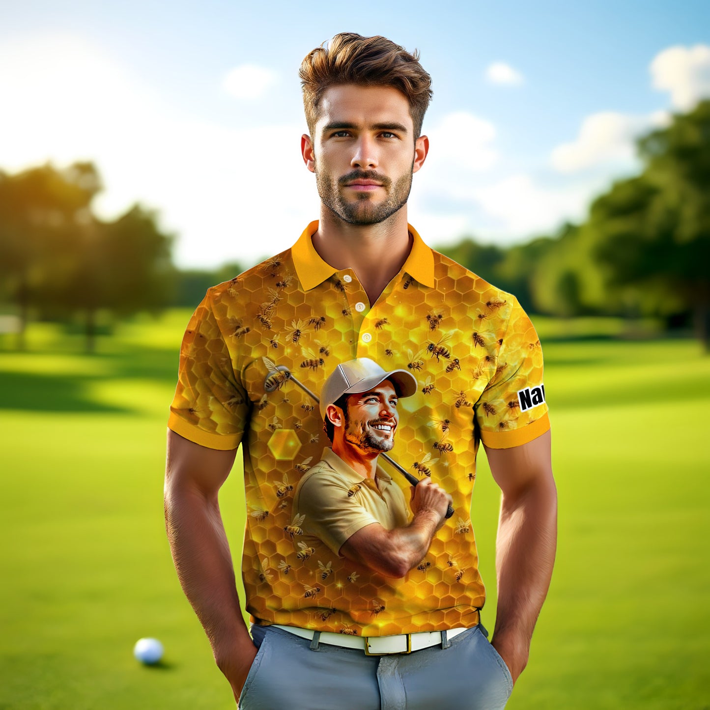 HomyGifts Men's Customized Face Artistic Golf Polo Shirt, Personalized Bee & Honeycomb Polo Shirt with Face, Funny Honey Lover Outfit, Summer Polo for Men Style 5