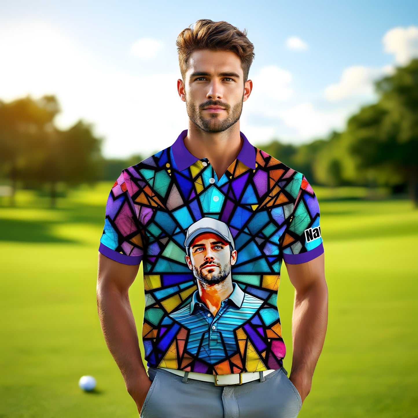 Custom Face Golf Polo Shirt – Personalized Stained Glass Art Shirt, Unique Golf Gift for Him, Colorful Abstract Golf Polo, Custom Sportswear