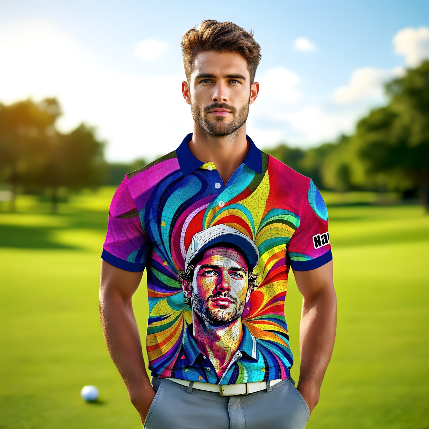 Personalized Mosaic Portrait Polo — Custom Face Mosaic Art Style Shirt Style 8