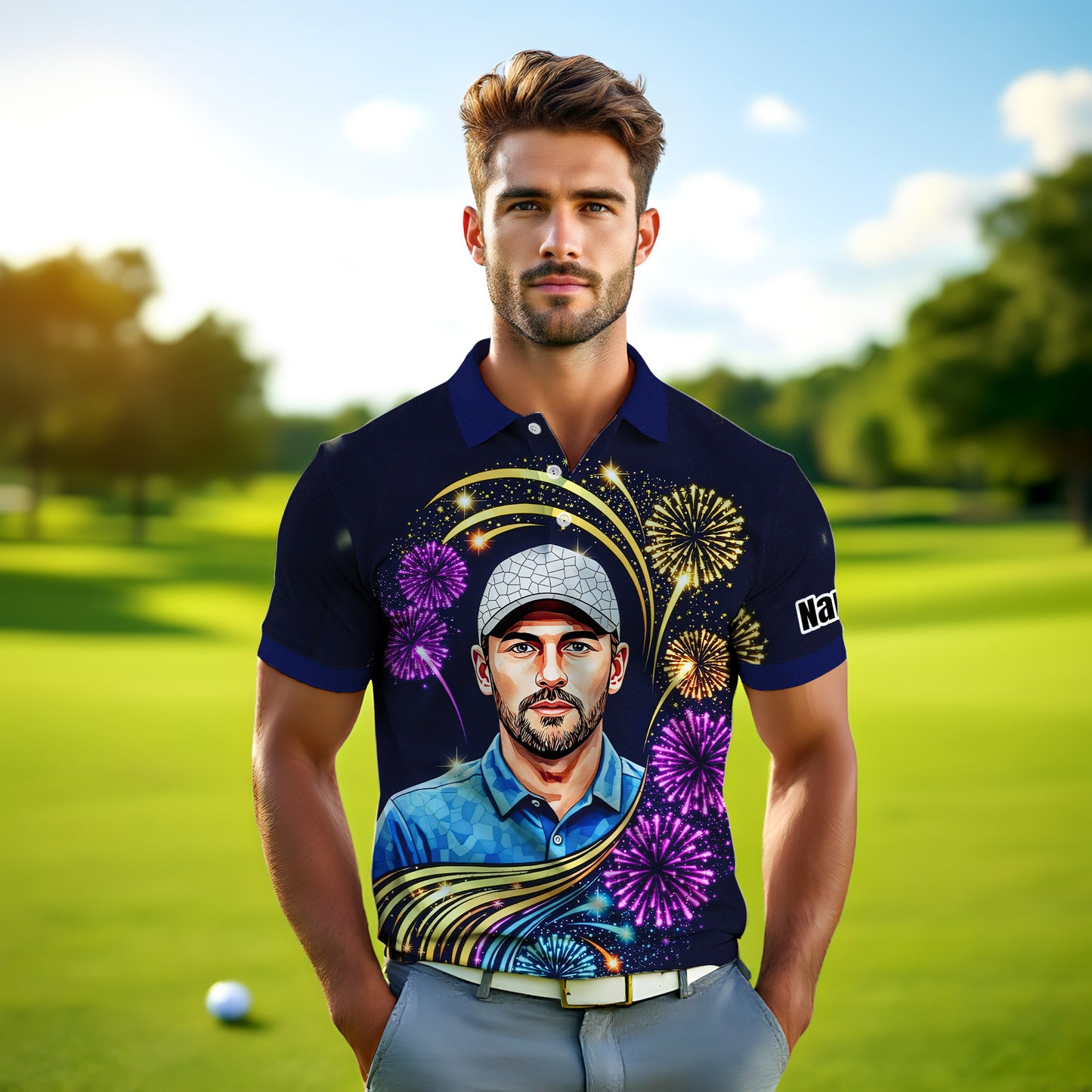 Custom Face Golf Polo Shirt – New Year Fireworks Edition | Personalized Golf Polo | Unique Holiday Gift for Him 2025 Style 6