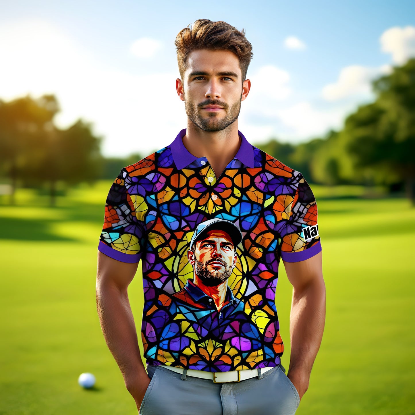 Custom Face Golf Polo Shirt – Personalized Stained Glass Art Shirt, Unique Golf Gift for Him, Colorful Abstract Golf Polo, Custom Sportswear