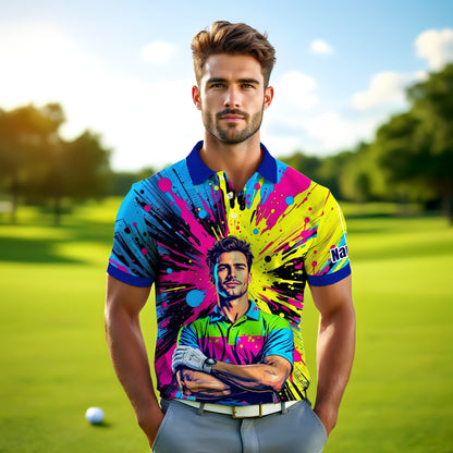 HomyGifts Men's Customized Face Artistic Golf Polo Shirt, Personalized Pop Art Golf Polo, Portrait Gift for Golfers Style 5