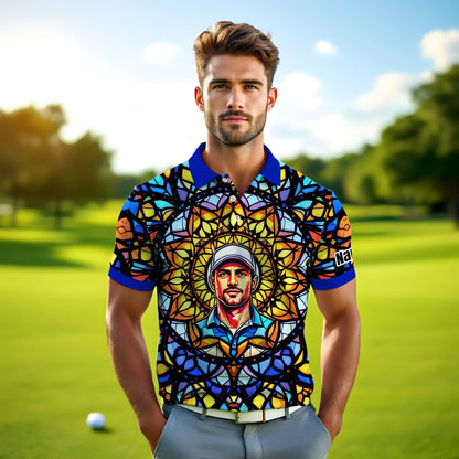Custom Face Golf Polo Shirt – Personalized Stained Glass Mandala Style Polo, Unique Gift for Men & Women, Vibrant Artistic Golf Shirt, Custom Photo Polo