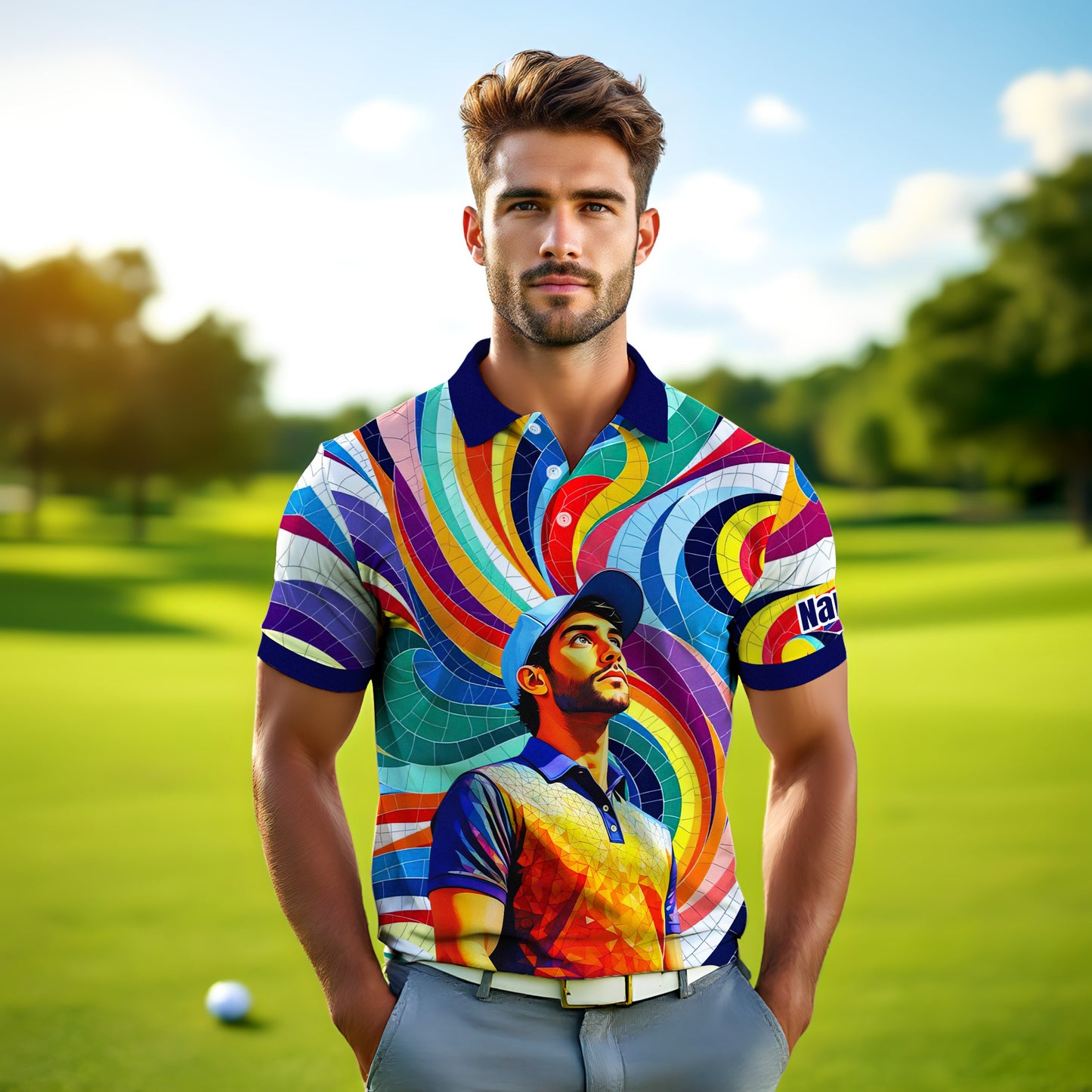HomyGifts Men's Customized Face Artistic Golf Polo Shirt, Mosaic Art Style, Unique Personalized Golf Polo For Men Style 4