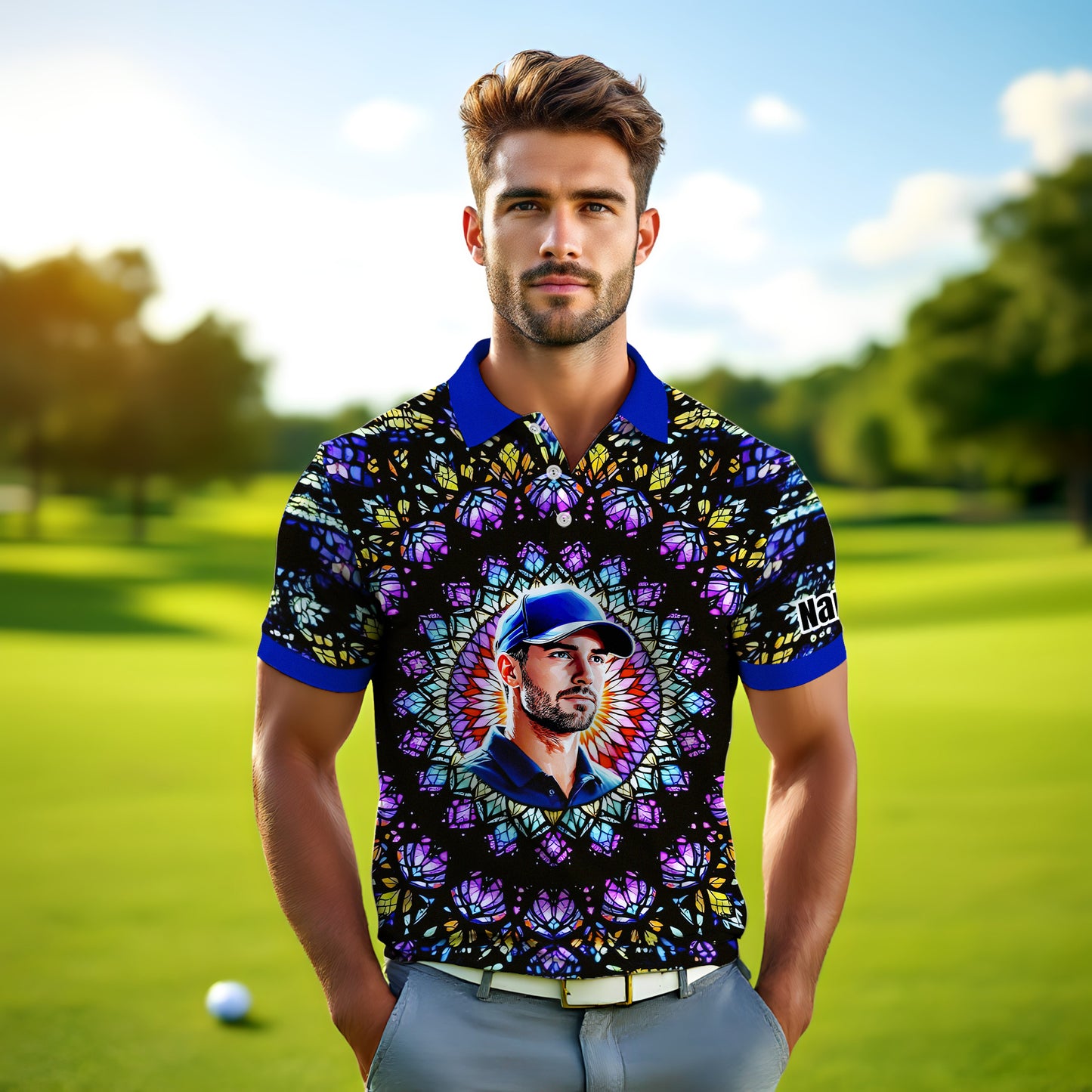 Custom Face Golf Polo Shirt – Personalized Stained Glass Mandala Style Polo, Unique Gift for Men & Women, Vibrant Artistic Golf Shirt, Custom Photo Polo