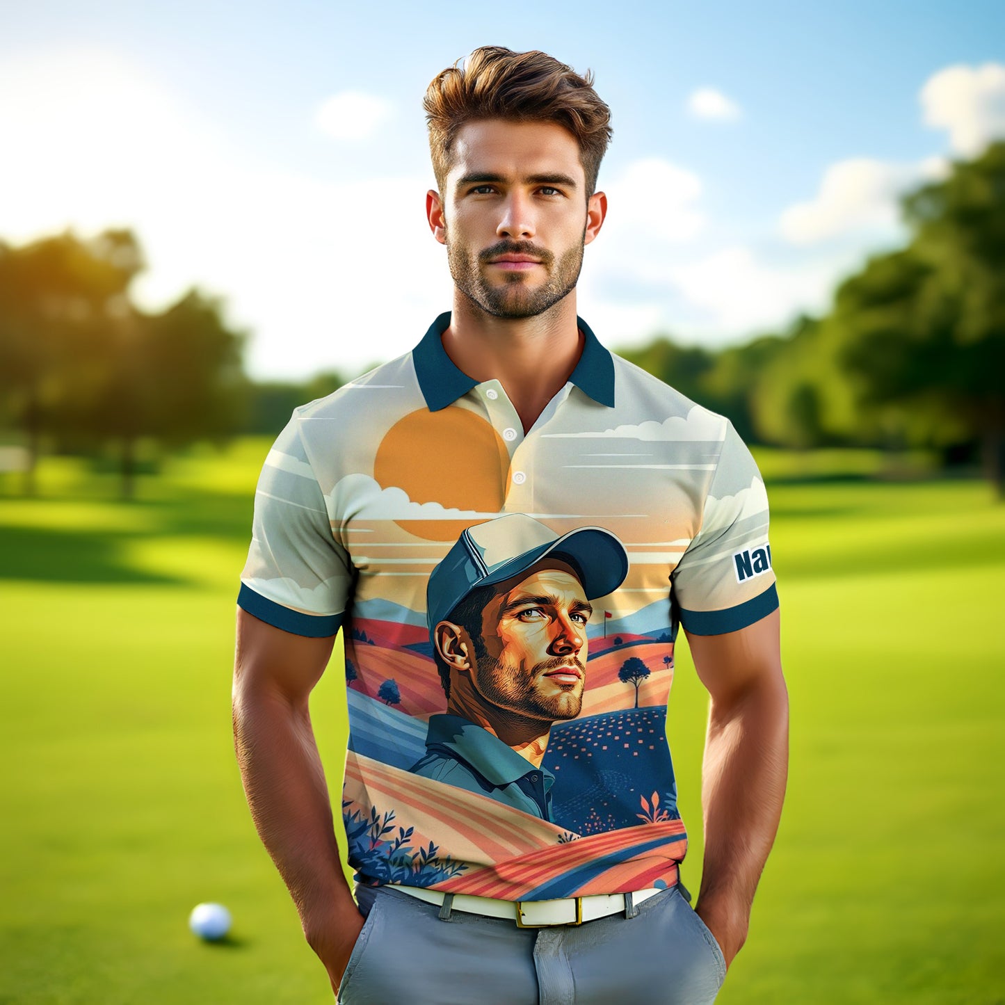 Custom Vintage Americana Golf Polo with Your Face - Retro Personalized Gift for Men Style 4