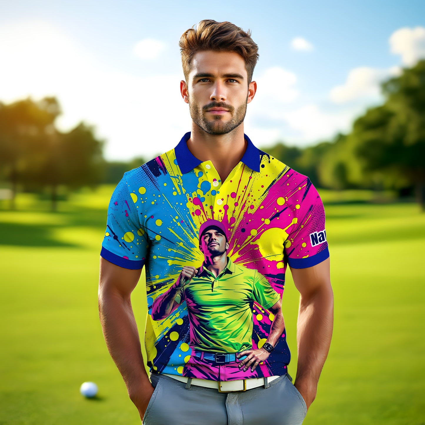 HomyGifts Men's Customized Face Artistic Golf Polo Shirt, Personalized Pop Art Golf Polo, Portrait Gift for Golfers Style 10