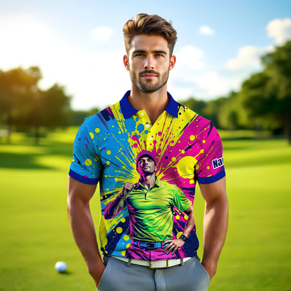 HomyGifts Men's Customized Face Artistic Golf Polo Shirt, Personalized Pop Art Golf Polo, Portrait Gift for Golfers Style 10