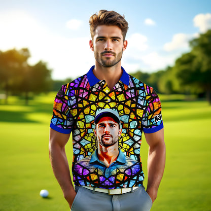 Custom Face Golf Polo Shirt – Personalized Stained Glass Mandala Style Polo, Unique Gift for Men & Women, Vibrant Artistic Golf Shirt, Custom Photo Polo