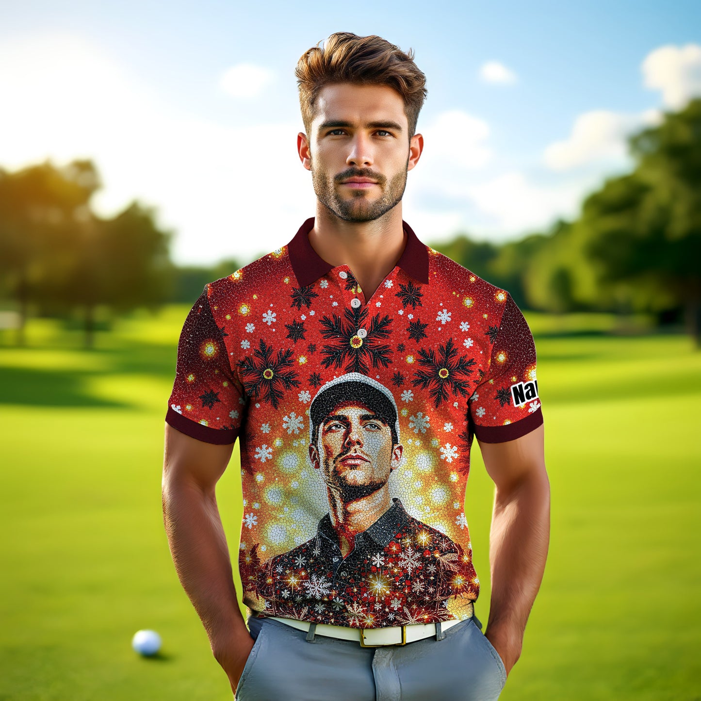 Custom Face Golf Polo Shirt – Personalized Christmas Golf Shirt for Him, Unique Holiday Gift for Golfer, Snowflake Design Golf Apparel Style 13