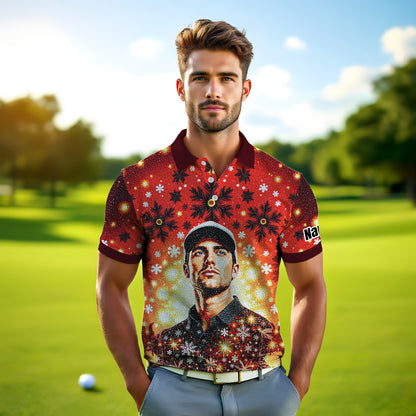 Custom Face Golf Polo Shirt – Personalized Christmas Golf Shirt for Him, Unique Holiday Gift for Golfer, Snowflake Design Golf Apparel Style 13