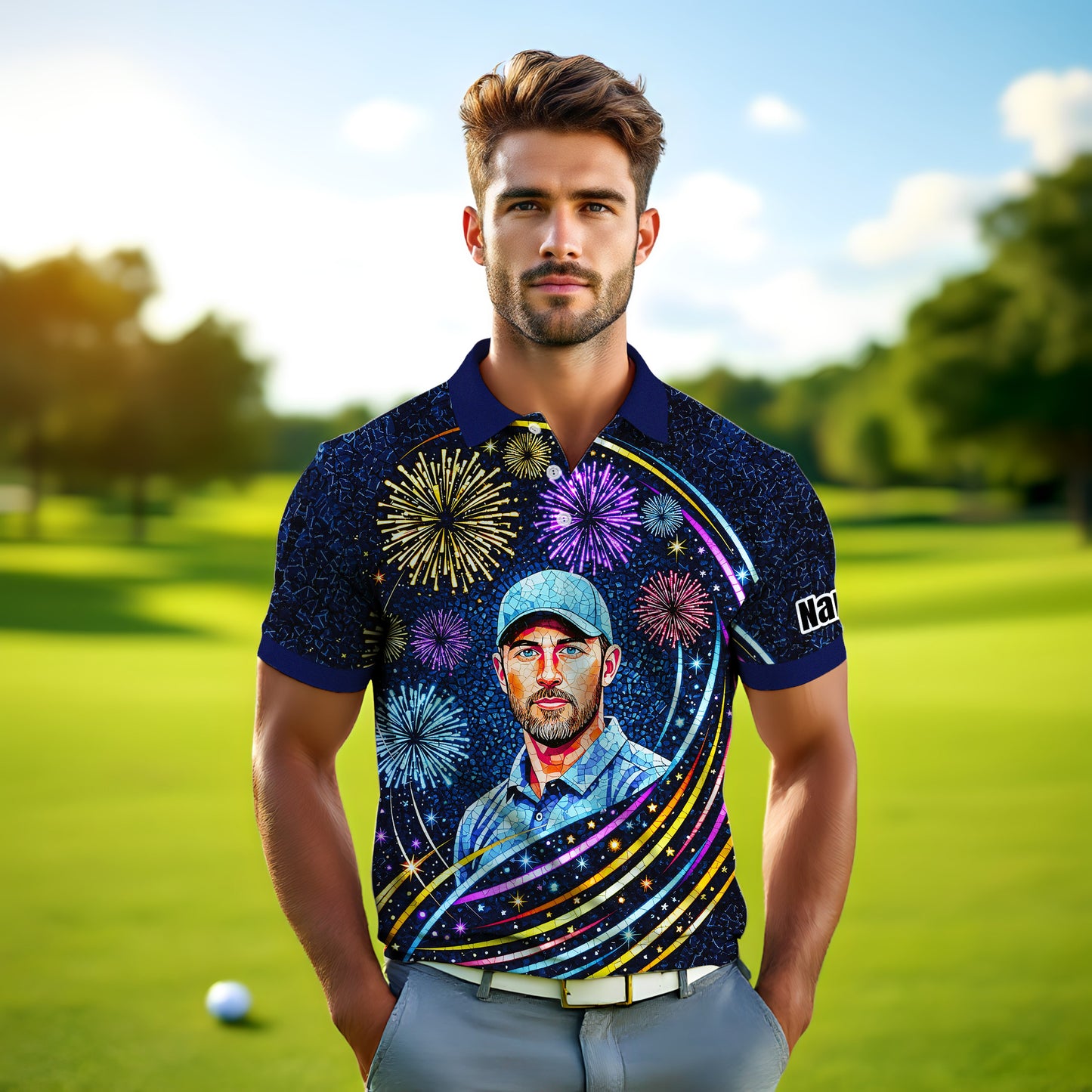 Custom Face Golf Polo Shirt – New Year Fireworks Edition | Personalized Golf Polo | Unique Holiday Gift for Him 2025 Style 4