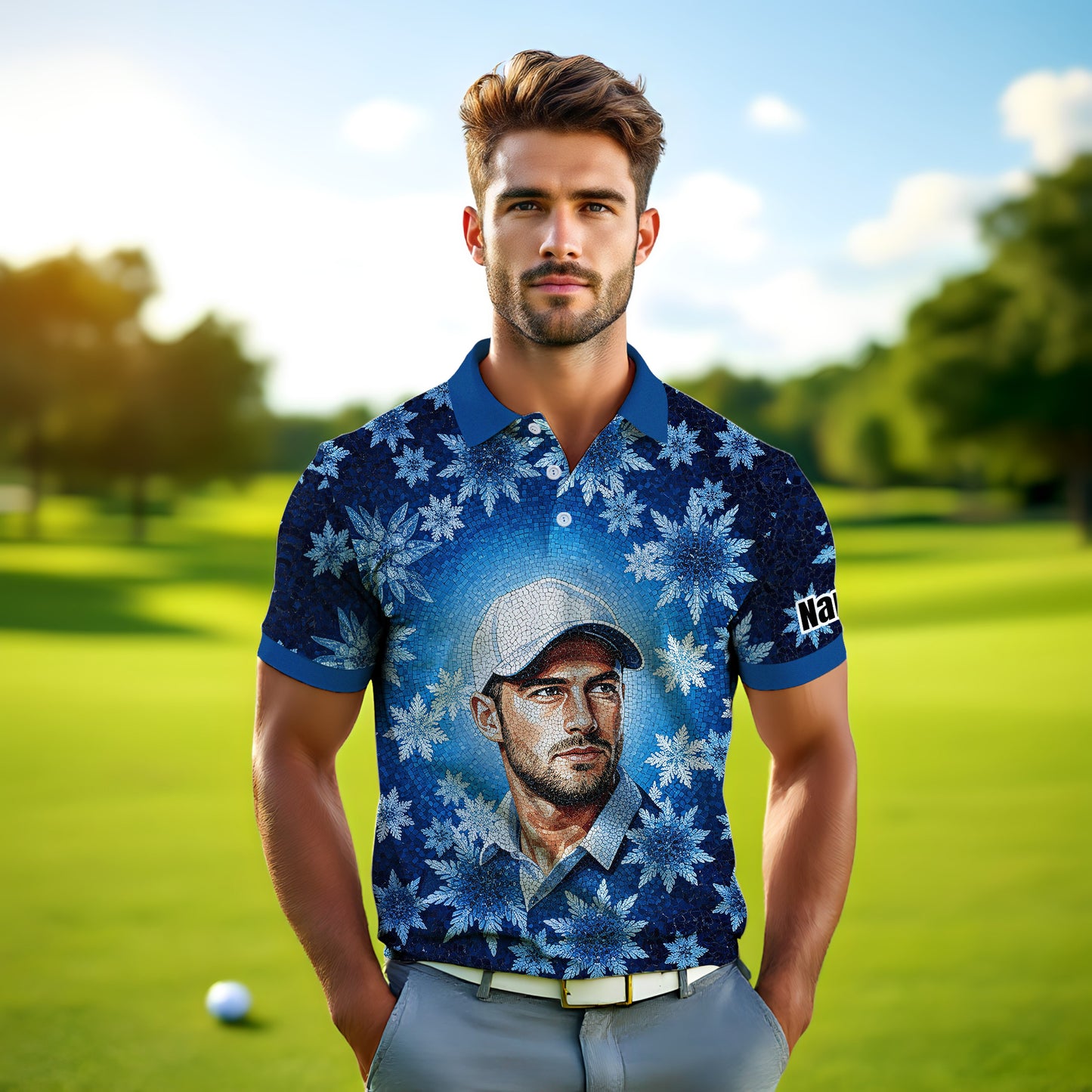 Custom Face Golf Polo Shirt – Personalized Christmas Golf Shirt for Him, Unique Holiday Gift for Golfer, Snowflake Design Golf Apparel Style 10