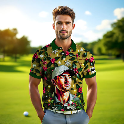 Custom Face Golf Polo Shirt – Personalized Christmas Golf Shirt for Him, Unique Holiday Gift for Golfer, Snowflake Design Golf Apparel Style 17